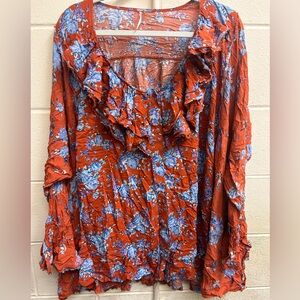 Womans large free people long sleeve flowered  tunic top